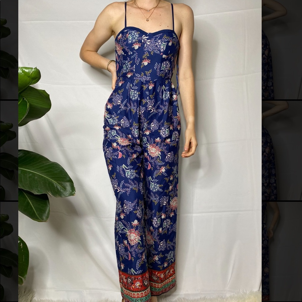 Blue Patterned Spaghetti Strap Jumpsuit